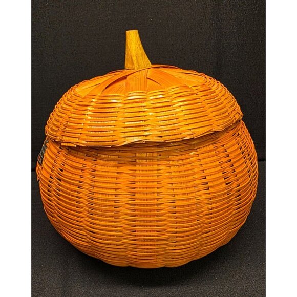 Vintage Primitive Orange Jack-O-Lantern Halloween Decorative Fall Basket w Lid - Picture 7 of 9
